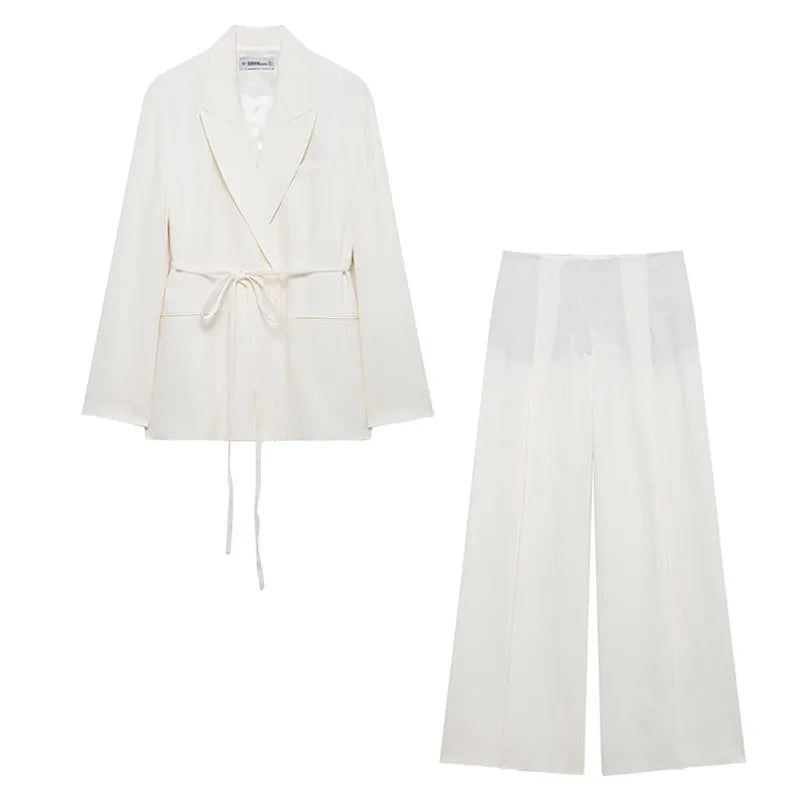 HH Women Spring Fashion Suits White Turn-Down Collar Long Sleeves Lace-Up Blazers+High Waist Zipper Long Pants Female Sets