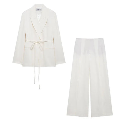 HH Women Spring Fashion Suits White Turn-Down Collar Long Sleeves Lace-Up Blazers+High Waist Zipper Long Pants Female Sets