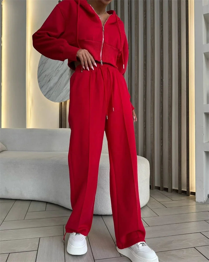 2025 Women's Cotton Hoodies Sweatshirt Two-piece Suit Casual Sports Sets High-waist Short Jacket Straight Trousers 2-piece Sets