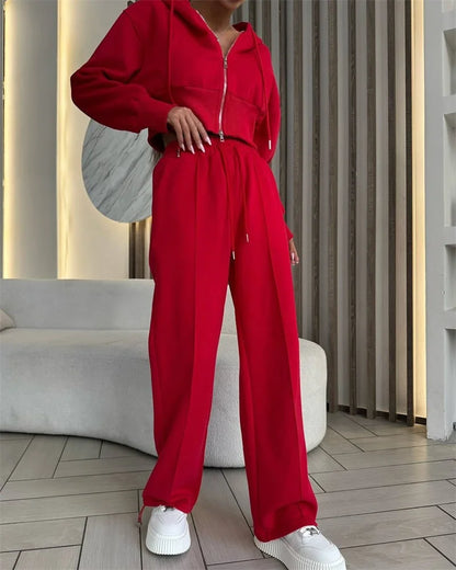 2025 Women's Cotton Hoodies Sweatshirt Two-piece Suit Casual Sports Sets High-waist Short Jacket Straight Trousers 2-piece Sets