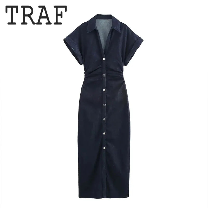 TRAF Pleated Single Breasted Denim Dress Women Fashion Short Sleeve
