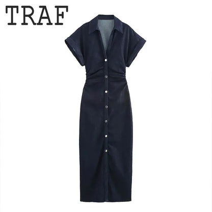 TRAF Pleated Single Breasted Denim Dress Women Fashion Short Sleeve