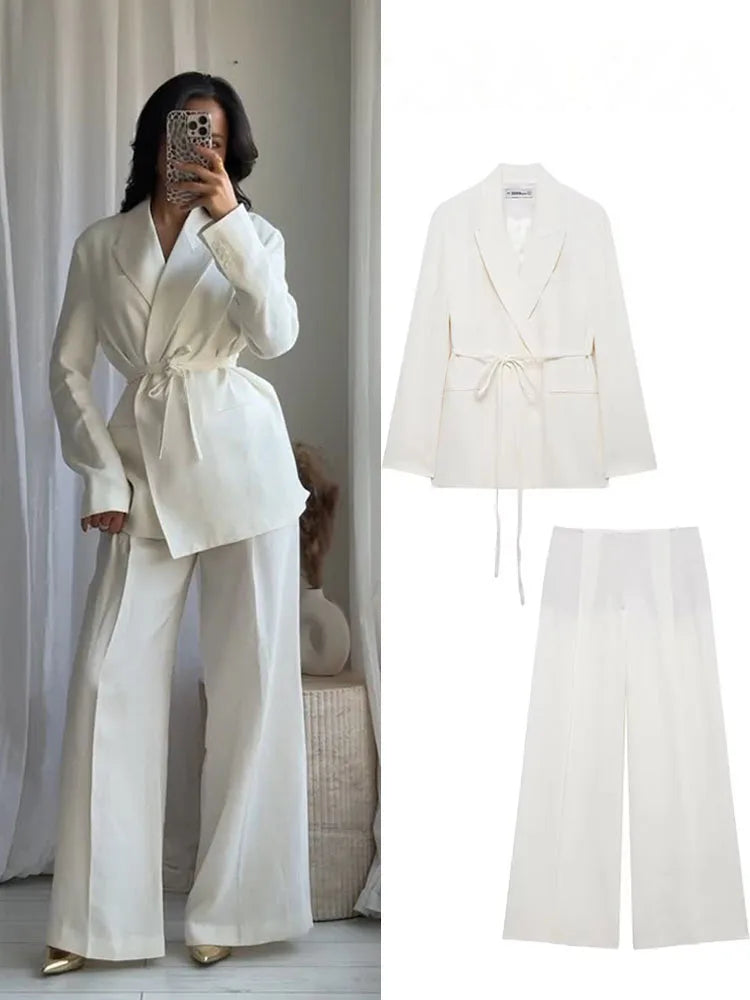 HH Women Spring Fashion Suits White Turn-Down Collar Long Sleeves Lace-Up Blazers+High Waist Zipper Long Pants Female Sets