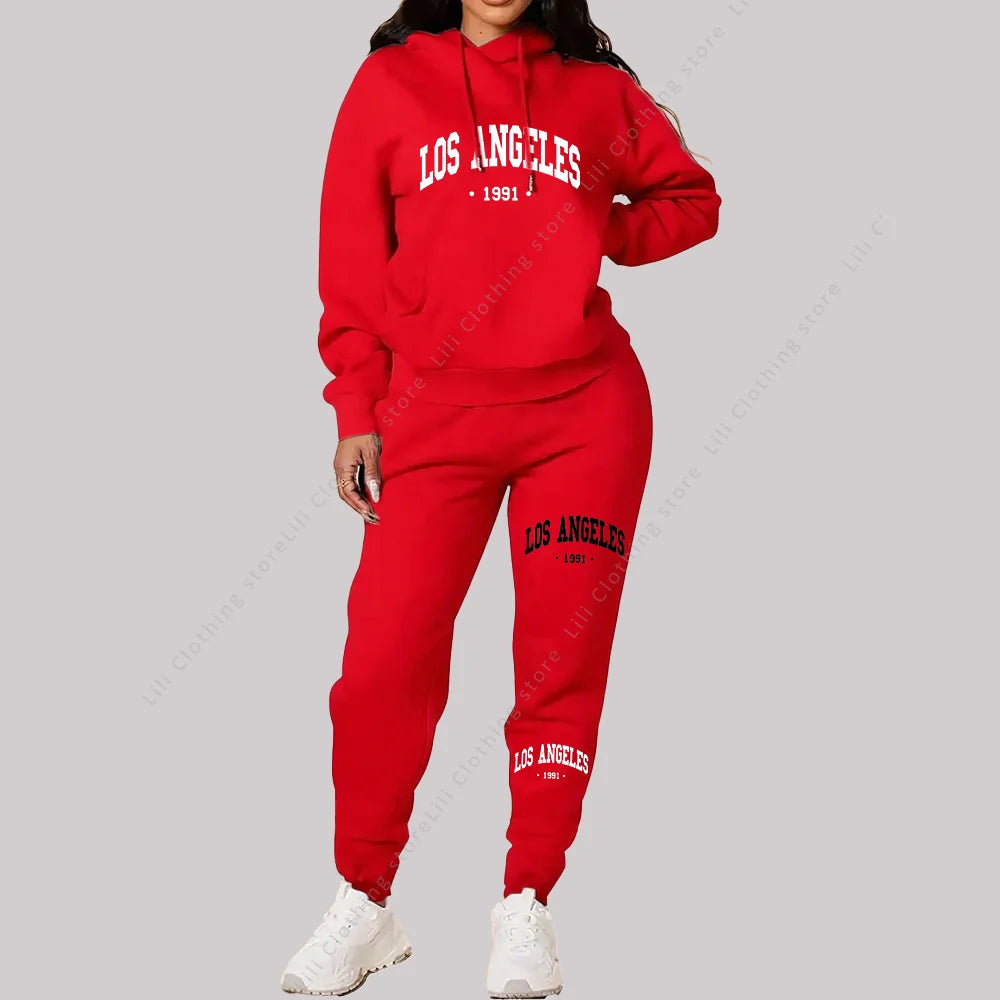 Women Sets Hoodies Pants 2 Piece Outfits Aesthetic Sportswear Sweatsuit Los Angeles Letter Print Suit Ladies Tracksuit Plus Size