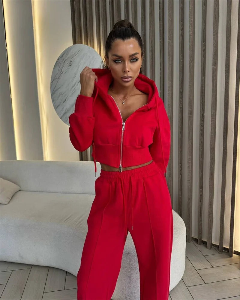2025 Women's Cotton Hoodies Sweatshirt Two-piece Suit Casual Sports Sets High-waist Short Jacket Straight Trousers 2-piece Sets