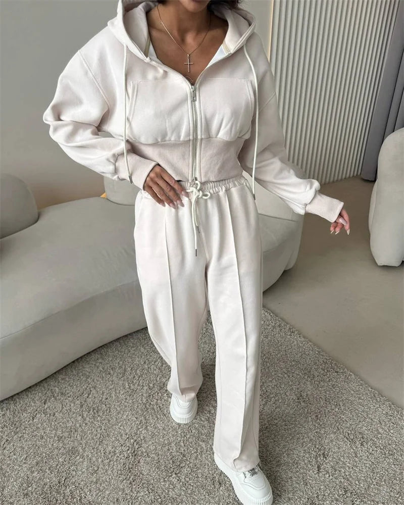 2025 Women's Cotton Hoodies Sweatshirt Two-piece Suit Casual Sports Sets High-waist Short Jacket Straight Trousers 2-piece Sets