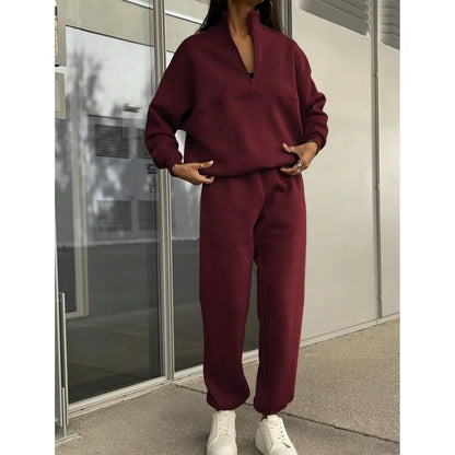 Casual Sweatshirt Long Sleeve Women's Suit Autumn Winter New Fashion Semi Zipper Loose Simple Sports Trousers 2piece Set Female