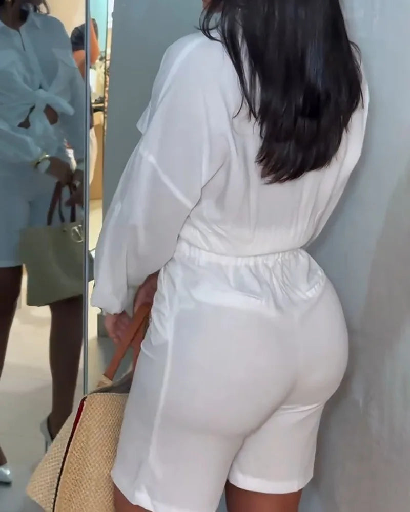 Women's Two Piece Sets Suit Temperament Elegant Solid White Loose Long Sleeves Exposed Waist Shirt High Waist Shorts Women Suit