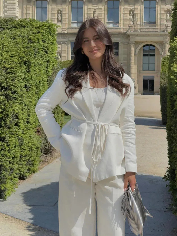 HH Women Spring Fashion Suits White Turn-Down Collar Long Sleeves Lace-Up Blazers+High Waist Zipper Long Pants Female Sets