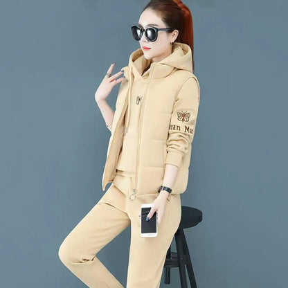 2024 Autumn Winter New Women's Casual Sweat Suit Fashion Plush Thickened Hooded Tops Waistcoat Pants 3 Three Piece Set For Women