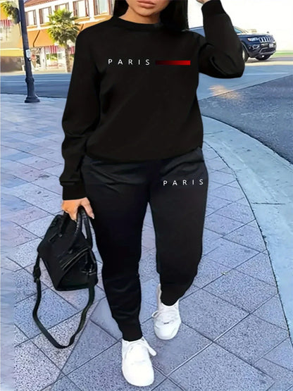 Women's autumn and winter hip-hop casual street fashion Paris letter printed round neck sports shirt+sports pants warm suit