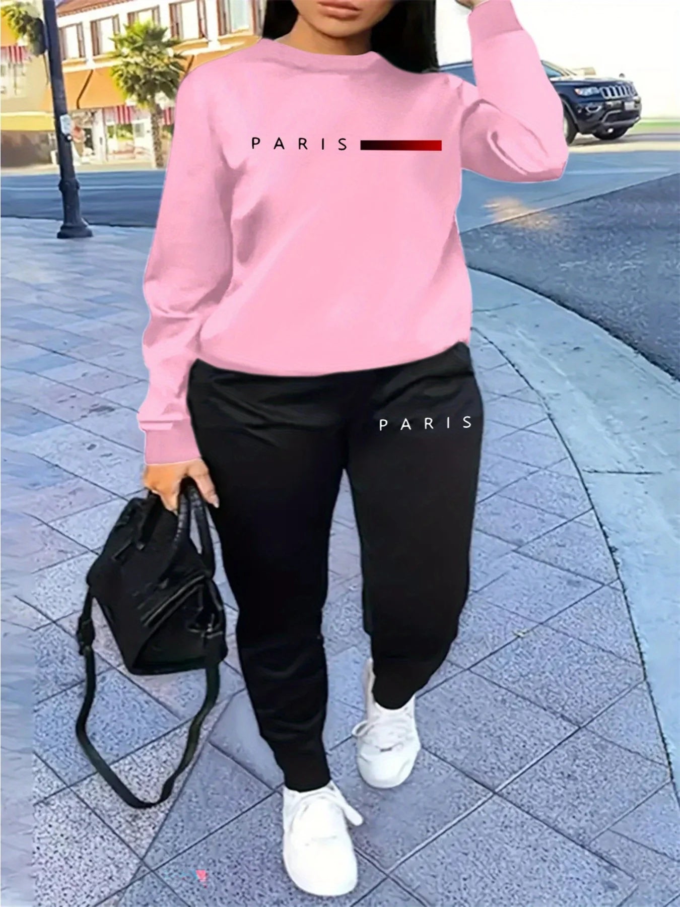 Women's autumn and winter hip-hop casual street fashion Paris letter printed round neck sports shirt+sports pants warm suit