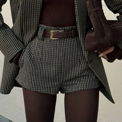 Women's Tartan Wool Blend Suit Winter Warm Office 2Pieces(Blazer+Short Pants) Custom Tailored Business Outfit Office Lady Set