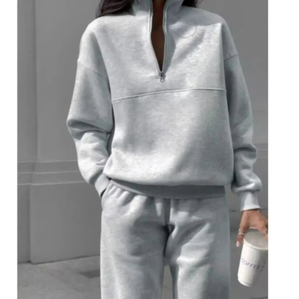 Casual Sweatshirt Long Sleeve Women's Suit Autumn Winter New Fashion Semi Zipper Loose Simple Sports Trousers 2piece Set Female