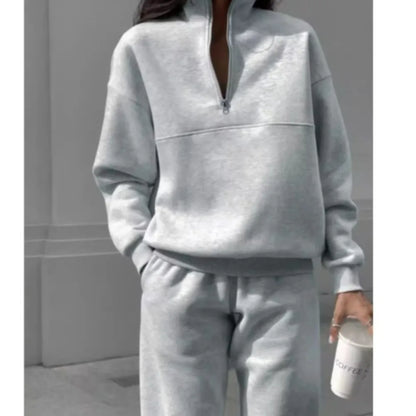 Casual Sweatshirt Long Sleeve Women's Suit Autumn Winter New Fashion Semi Zipper Loose Simple Sports Trousers 2piece Set Female