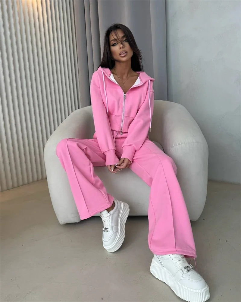 2025 Women's Cotton Hoodies Sweatshirt Two-piece Suit Casual Sports Sets High-waist Short Jacket Straight Trousers 2-piece Sets