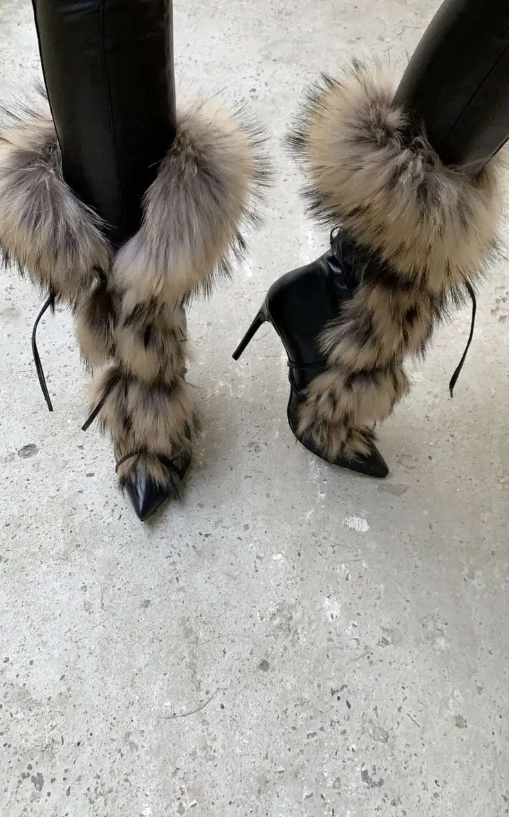 Pointed Toe Fur Mid Calf Boots Stiletto Heels Ankle Straps Fashion