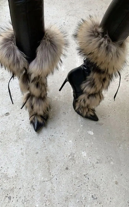 Pointed Toe Fur Mid Calf Boots Stiletto Heels Ankle Straps Fashion