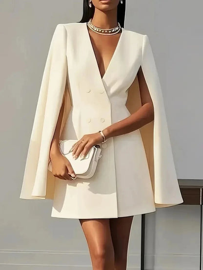 Women's suit dress for autumn office wear, double-breasted cape-like cloak, solid color V-neck suit jacket