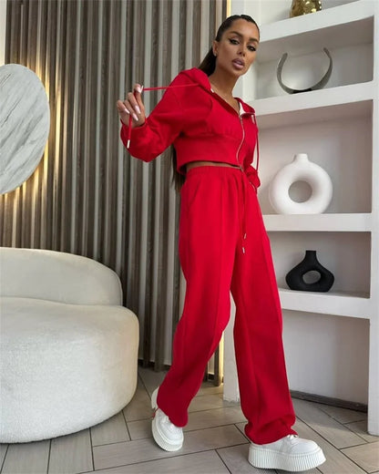 2025 Women's Cotton Hoodies Sweatshirt Two-piece Suit Casual Sports Sets High-waist Short Jacket Straight Trousers 2-piece Sets