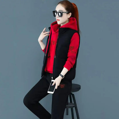 2024 Autumn Winter New Women's Casual Sweat Suit Fashion Plush Thickened Hooded Tops Waistcoat Pants 3 Three Piece Set For Women