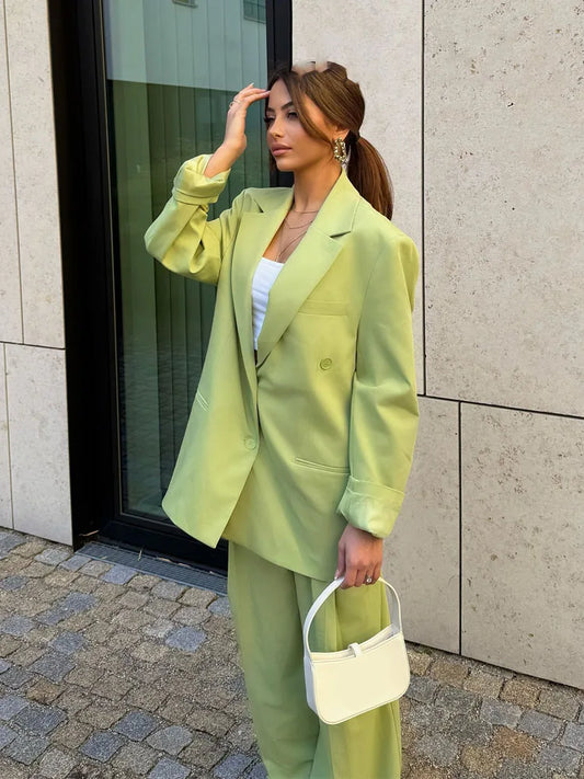 HH Women Suit Turn-Down Collar Long Sleeves Single-Breasted Pockets Lapel Blazers+Tripping Strap Decoration Zipper Pants