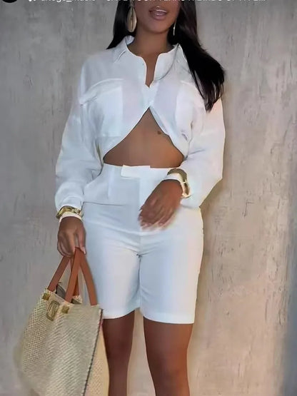 Women's Two Piece Sets Suit Temperament Elegant Solid White Loose Long Sleeves Exposed Waist Shirt High Waist Shorts Women Suit
