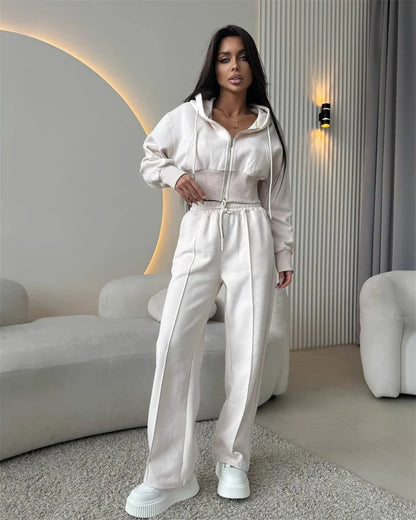 2025 Women's Cotton Hoodies Sweatshirt Two-piece Suit Casual Sports Sets High-waist Short Jacket Straight Trousers 2-piece Sets