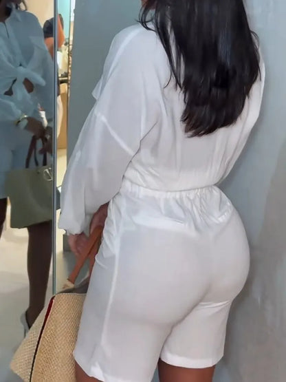 Women's Two Piece Sets Suit Temperament Elegant Solid White Loose Long Sleeves Exposed Waist Shirt High Waist Shorts Women Suit