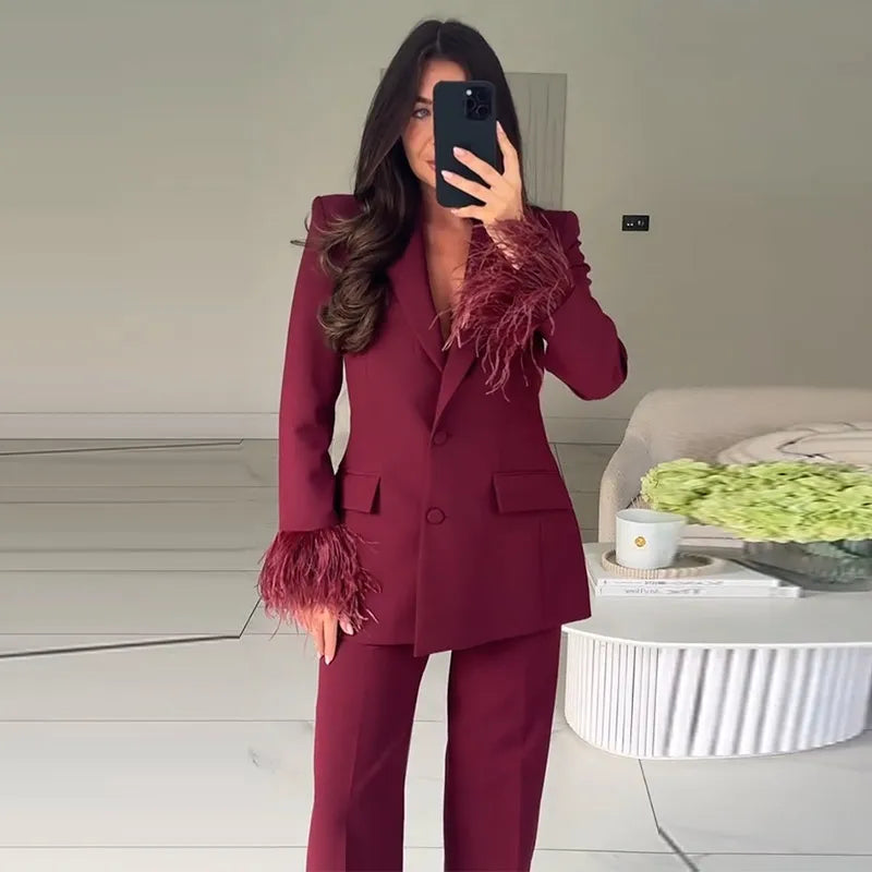 Women's Feather Suit Blazer Pants Set Lapel Shoulder Pads Full Sleeve Jackets Pockets Straight Pant 2025 Autumn Lady Suit Street
