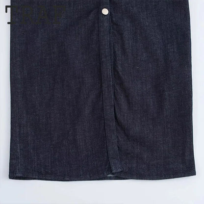 TRAF Pleated Single Breasted Denim Dress Women Fashion Short Sleeve