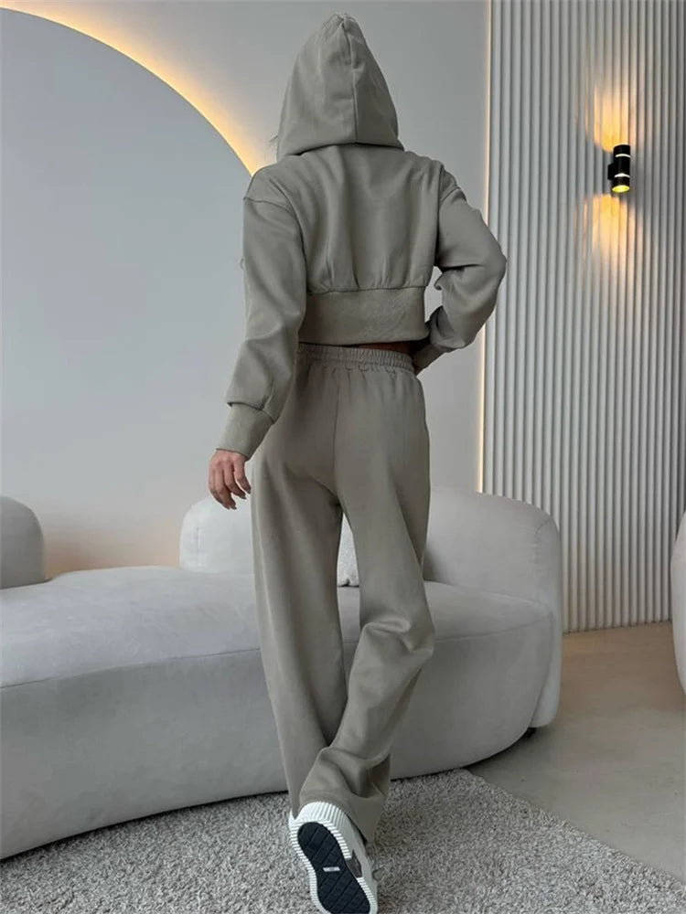 2025 Women's Cotton Hoodies Sweatshirt Two-piece Suit Casual Sports Sets High-waist Short Jacket Straight Trousers 2-piece Sets