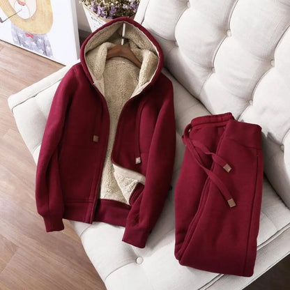 Women's Sweatshirt Pants Suit Autumn and Winter Warm Long-sleeved Fleece Thick Hoodie Coat Jogger Pants Sportswear Two-piece Set