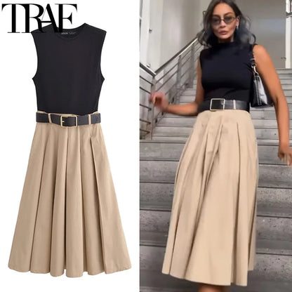 TRAF Womens Dresses 2025 Sleeveless Patchwork Long Dress Summer