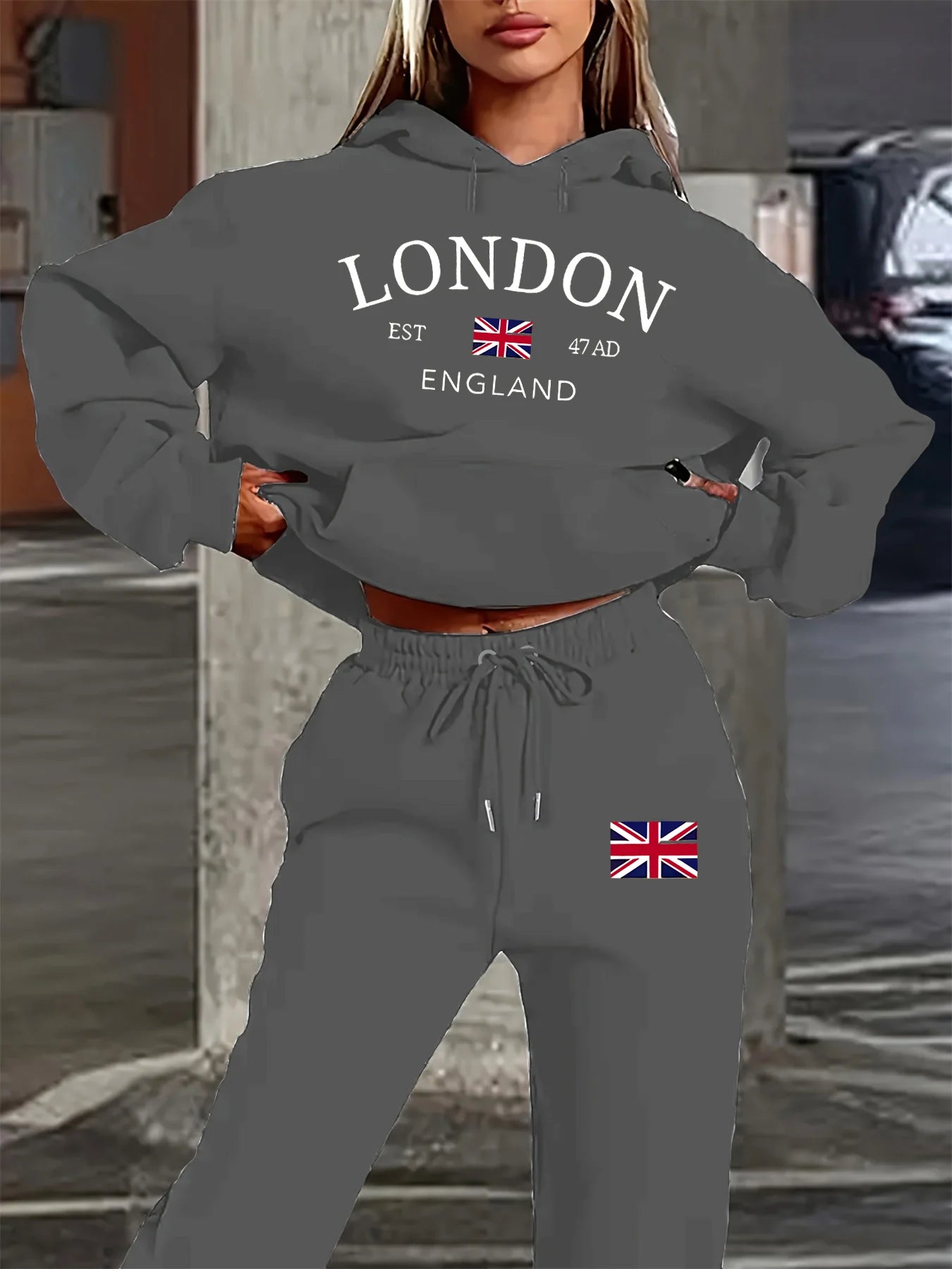 Women's autumn and winter fashion casual London England pattern print with thick fleece warm hooded sweatshirt+sports pants set