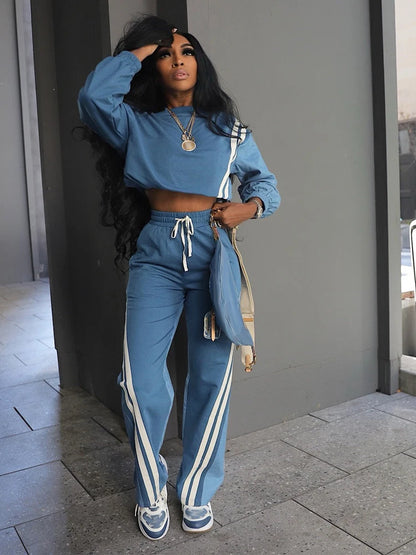 Sweatsuits for Woman 2025 Fall Sports Fashion Color Block Stripe Full Sleeve Sweatshirt and Drawstring Long Pants 2 Piece Sets