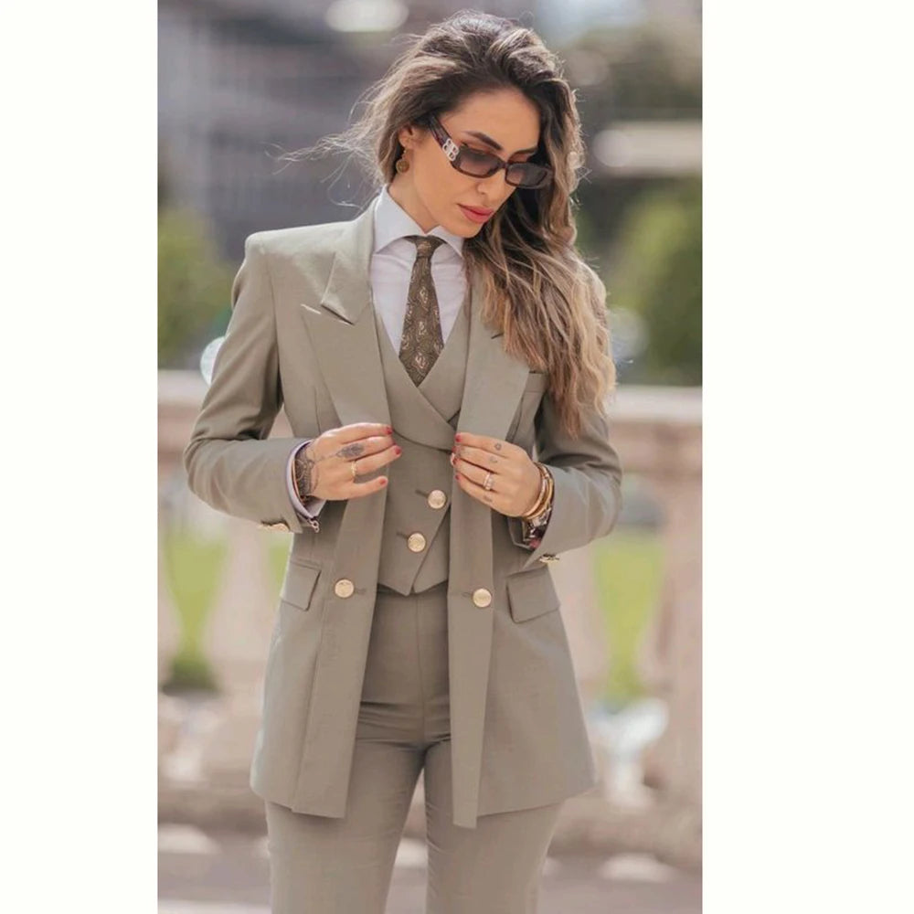 Elegant Women Suit 3 Piece Jacket Vest Pants Double Breasted Female Clothing Smart Formal Office Banquet Lady's Blazers Sets