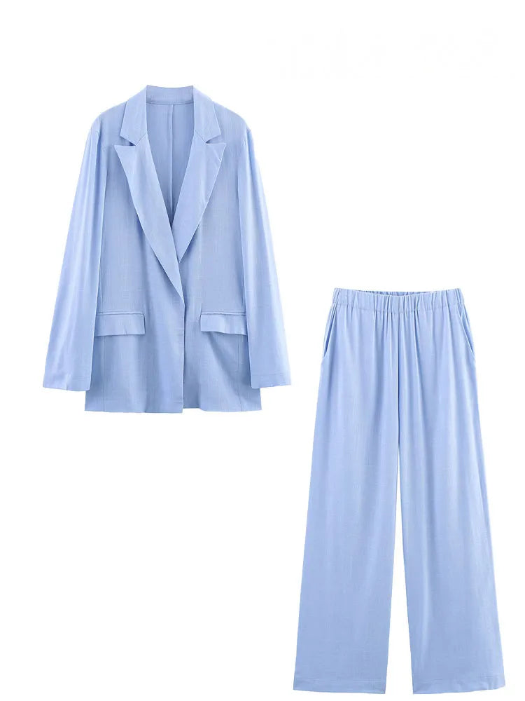 HH Women Casual Suit Solid Turn-Down Collar Long Sleeves Single-Breasted Blazers+Elastic Waist Pockets Pants Female Sets