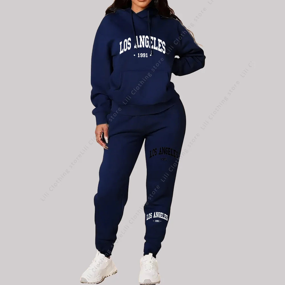 Women Sets Hoodies Pants 2 Piece Outfits Aesthetic Sportswear Sweatsuit Los Angeles Letter Print Suit Ladies Tracksuit Plus Size
