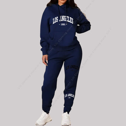 Women Sets Hoodies Pants 2 Piece Outfits Aesthetic Sportswear Sweatsuit Los Angeles Letter Print Suit Ladies Tracksuit Plus Size