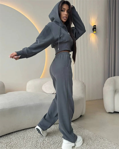 2025 Women's Cotton Hoodies Sweatshirt Two-piece Suit Casual Sports Sets High-waist Short Jacket Straight Trousers 2-piece Sets