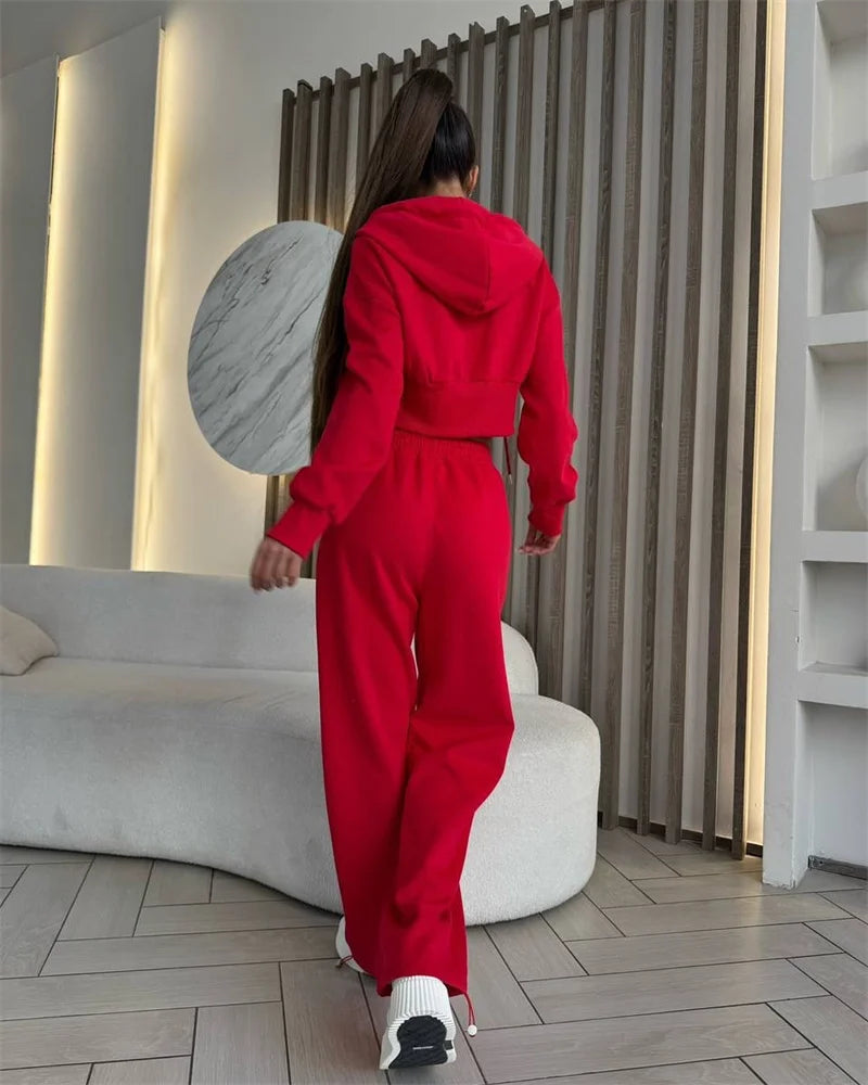 2025 Women's Cotton Hoodies Sweatshirt Two-piece Suit Casual Sports Sets High-waist Short Jacket Straight Trousers 2-piece Sets