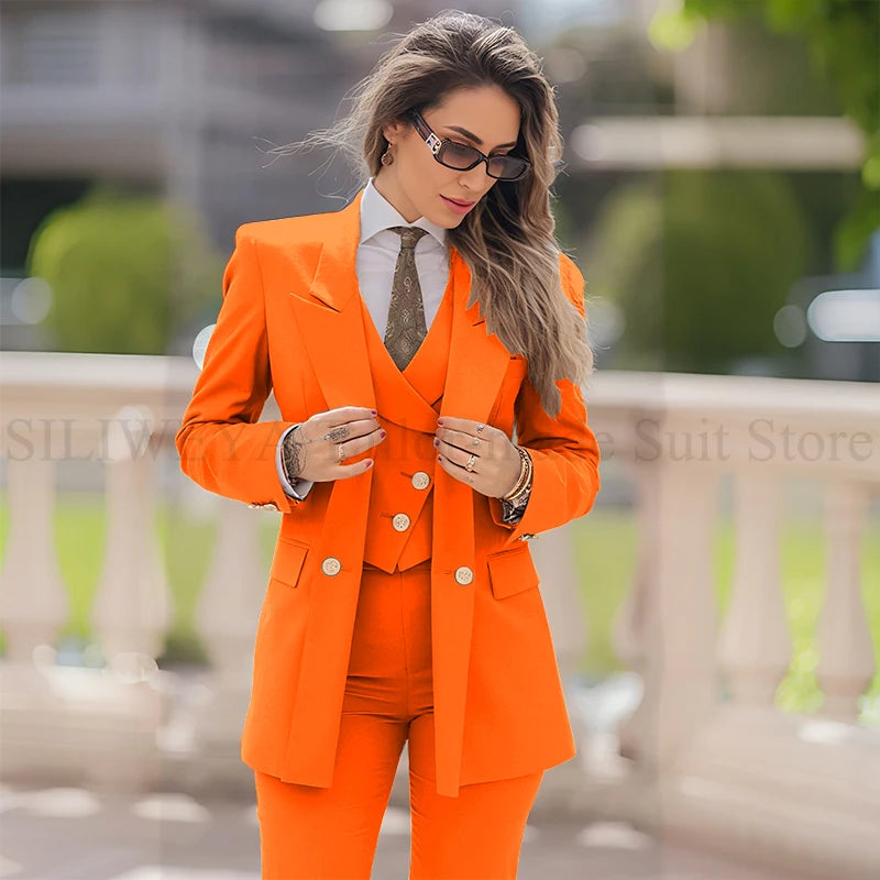 Elegant Women Suit 3 Piece Jacket Vest Pants Double Breasted Female Clothing Smart Formal Office Banquet Lady's Blazers Sets