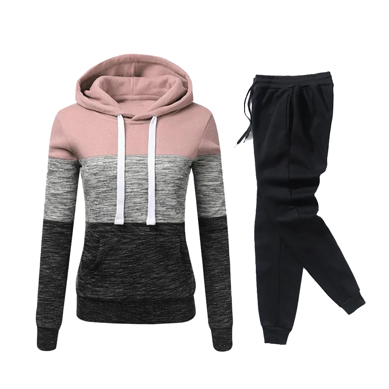 2024 Womens Outfits High Quality Color Block Hooded Sweatshirt Black Sweatpants Trend Jogging Hot Sales Sport Casual Tracksuit
