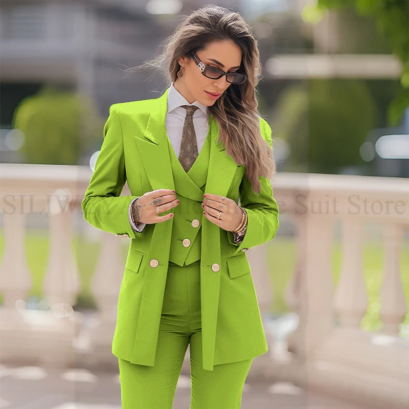 Elegant Women Suit 3 Piece Jacket Vest Pants Double Breasted Female Clothing Smart Formal Office Banquet Lady's Blazers Sets
