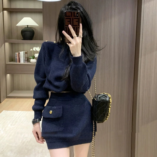 Slim Pullover Sweater Cropped Tops+mini Skirt Dress Set Women's Autumn WinterTwo-piece Set Suit Outfit Y2k Streetwear