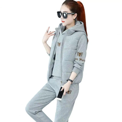 2024 Autumn Winter New Women's Casual Sweat Suit Fashion Plush Thickened Hooded Tops Waistcoat Pants 3 Three Piece Set For Women