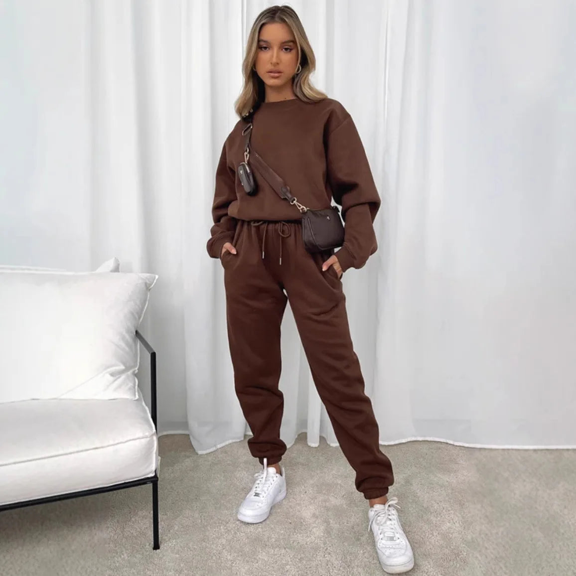 Women's Suit Fashionable Casual Loose Highly Elastic Sportswear Round Neck Solid Color Autumn Collection 2 Pieces Set For Woman