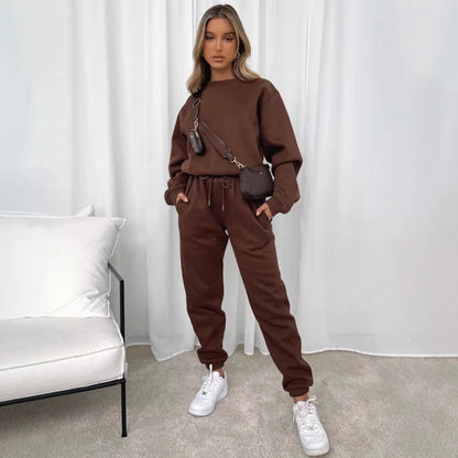 Women's Suit Fashionable Casual Loose Highly Elastic Sportswear Round Neck Solid Color Autumn Collection 2 Pieces Set For Woman