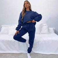 Women's Suit Fashionable Casual Loose Highly Elastic Sportswear Round Neck Solid Color Autumn Collection 2 Pieces Set For Woman